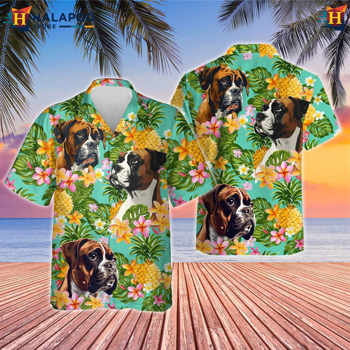 Boxer Dog Tropical Shirt Mens Tropical Summer Casual Beach Button Down Wear