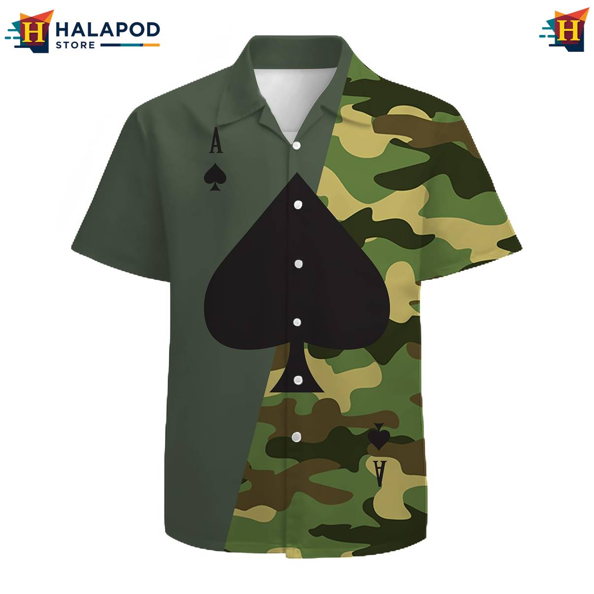 Camouflage Poker Print Hawaiian Shirt Mens Short Sleeve Floral Button Down