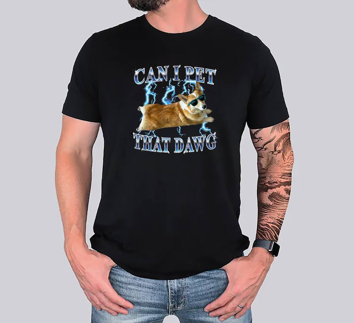 Can I Pet That Dawg Corgi Tee Shirt Funny Heavy Metal Dog Lover Graphic Mens