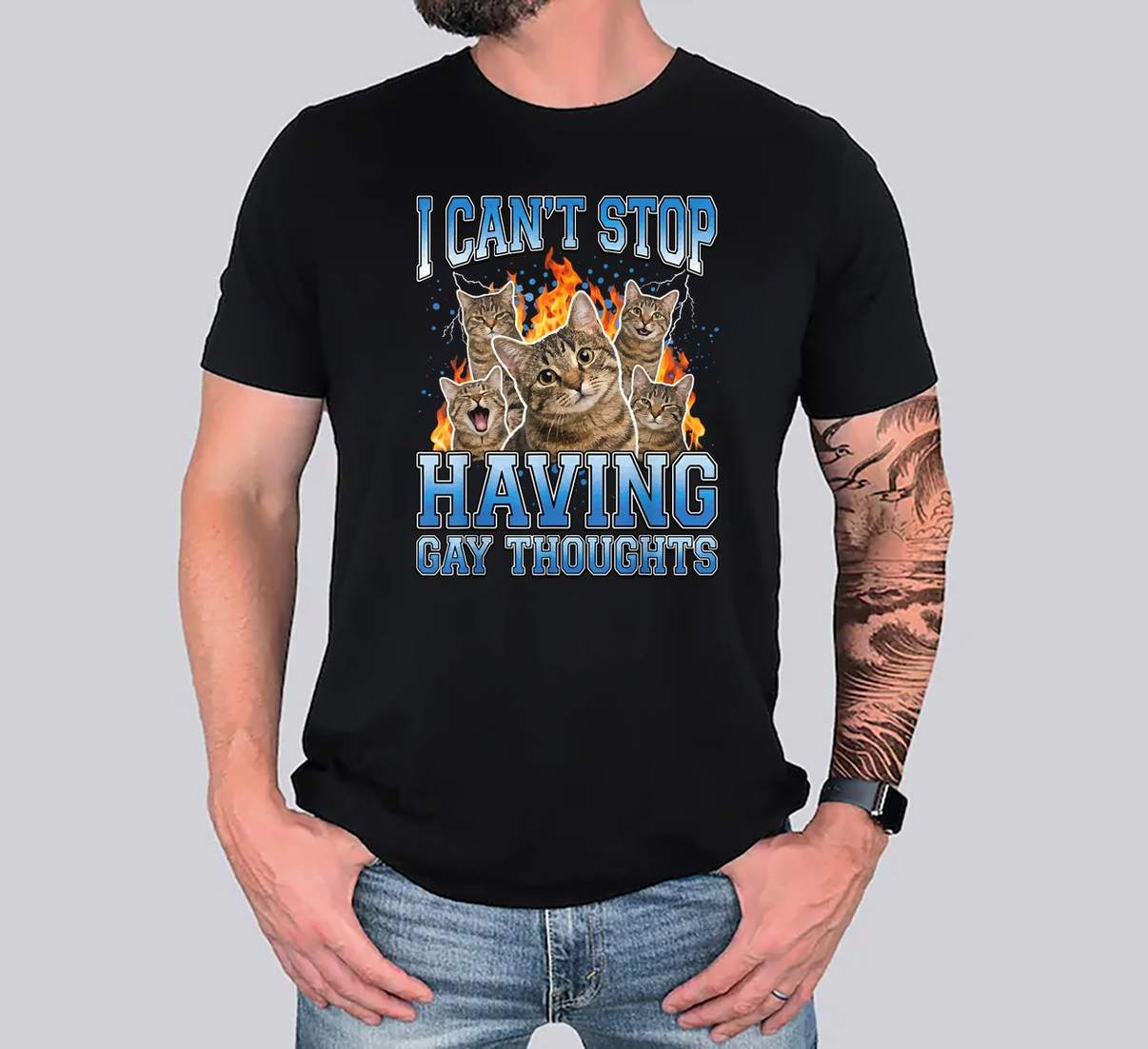Cant Stop Having Gay TShirt Thoughts Funny Cat Pride Month Graphic Design Men