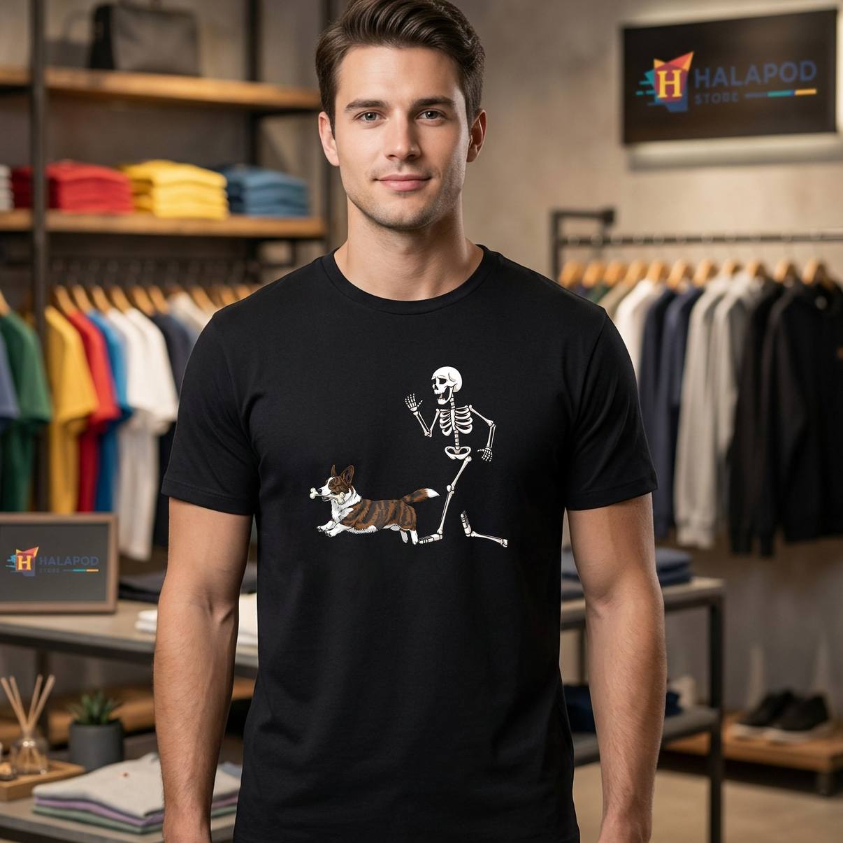 Cardigan Welsh Corgi Halloween Tee Shirt Funny Skeleton Graphic Apparel Mens
