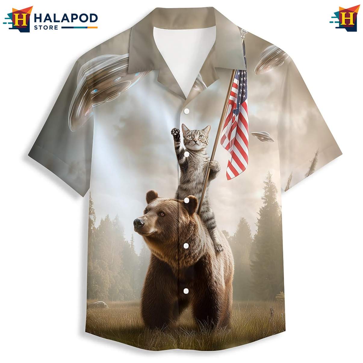 Cat Bear American Flag Hawaiian Shirt Tropical Short Sleeve Floral Tops