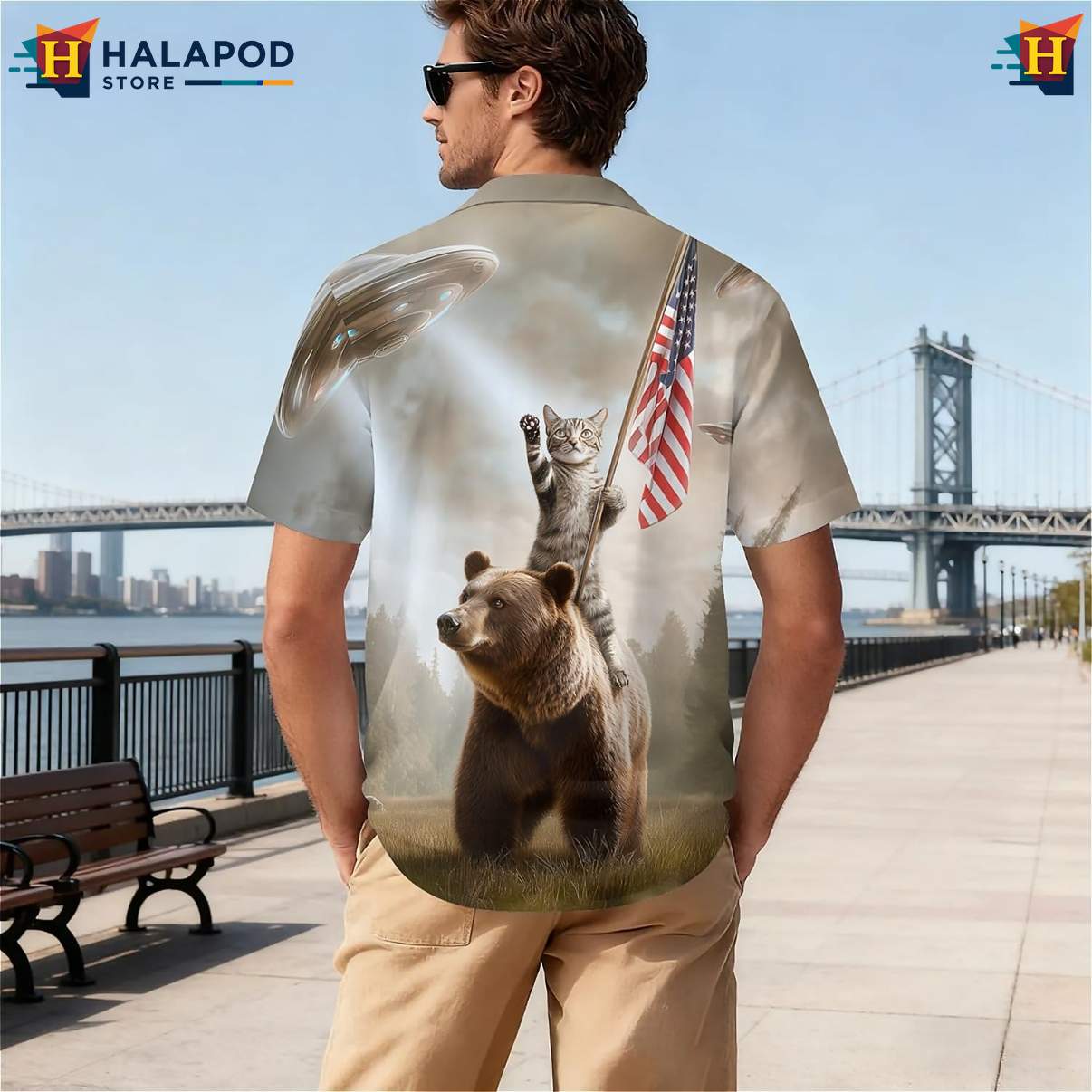 Cat Bear American Flag Tropical Shirt Tropical Short Sleeve Floral Tops