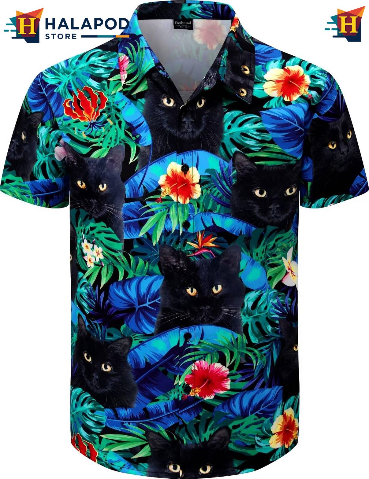 Cat Black Tropical Hawaiian Shirt Mens Beach Button Down Short Sleeve Tops