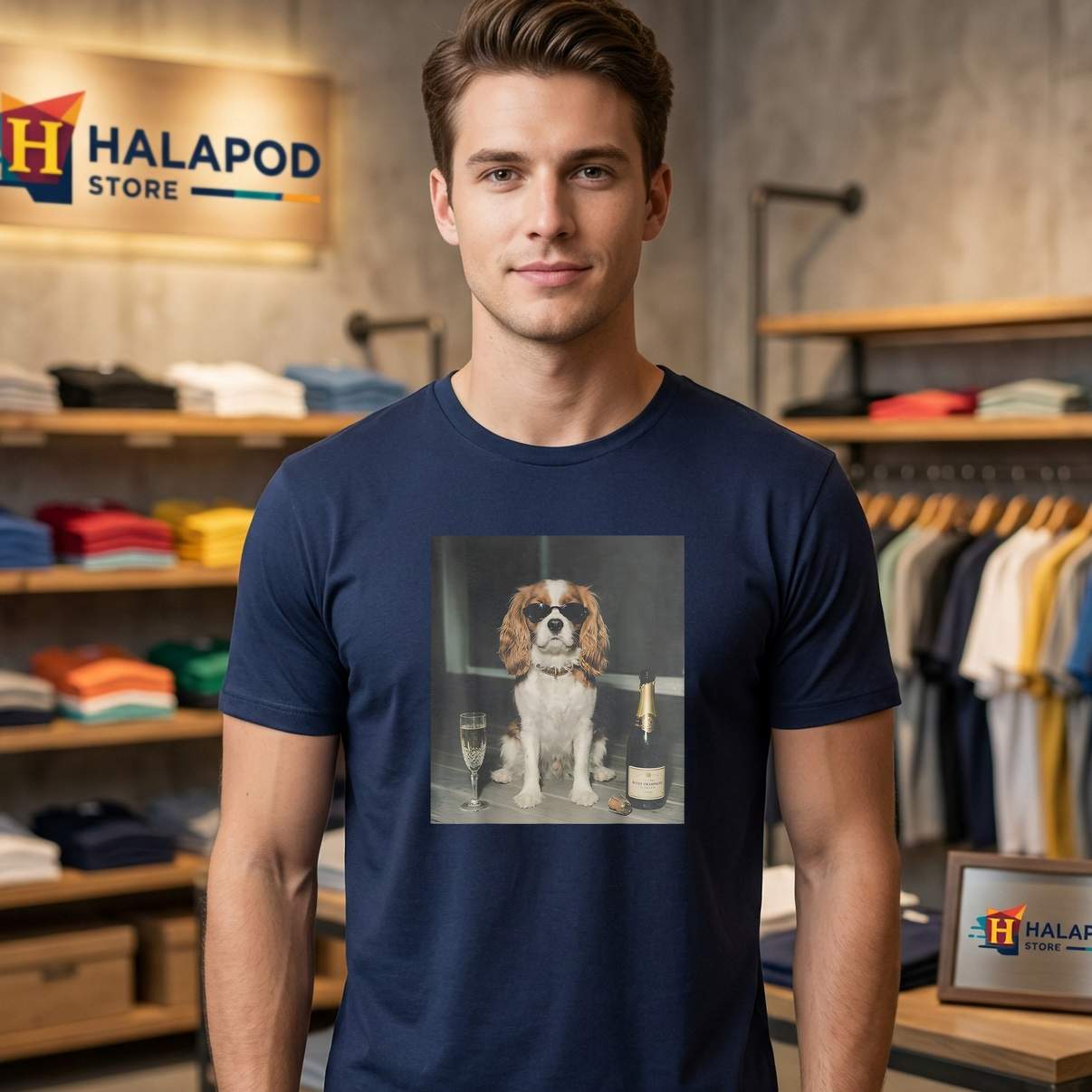 Cavalier King Charles Dog T-Shirt Drinking Champagne Funny Graphic Mens