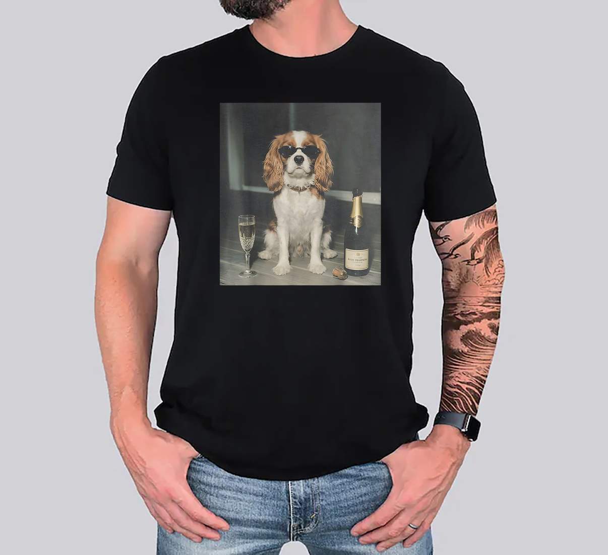 Cavalier King Charles Dog TShirt Drinking Champagne Funny Graphic Mens