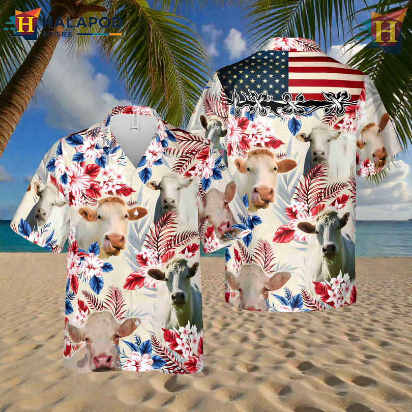 Charolais Cattle Flag Print Hawaiian Outfit For Family Patriotic Holiday Style