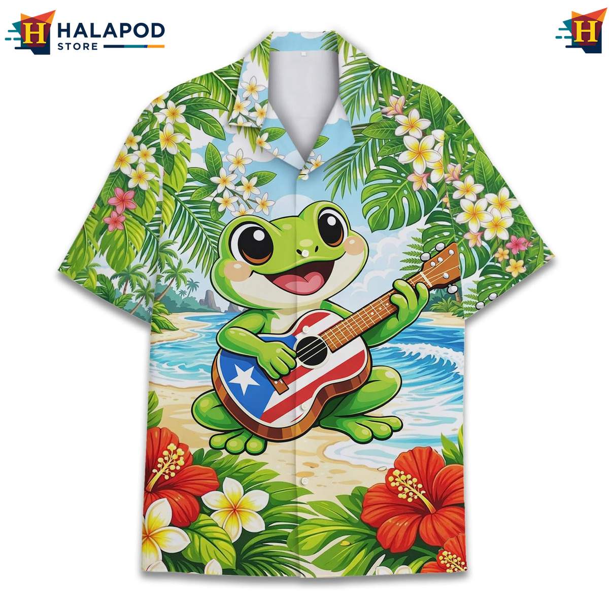 Cheerful Frog Aloha Shirt, Vibrant Tropical Design With Palm Leaves And Flowers