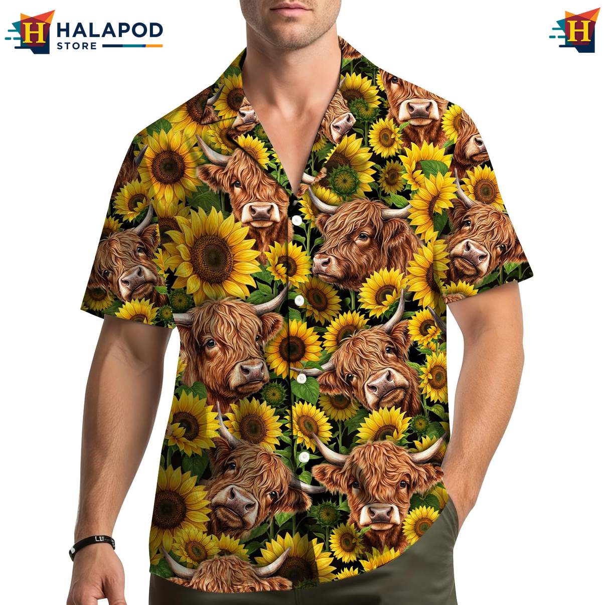 Cheerful Highland Cow Hawaiian Shirt, Vibrant Summer Button Down With Sunflowers