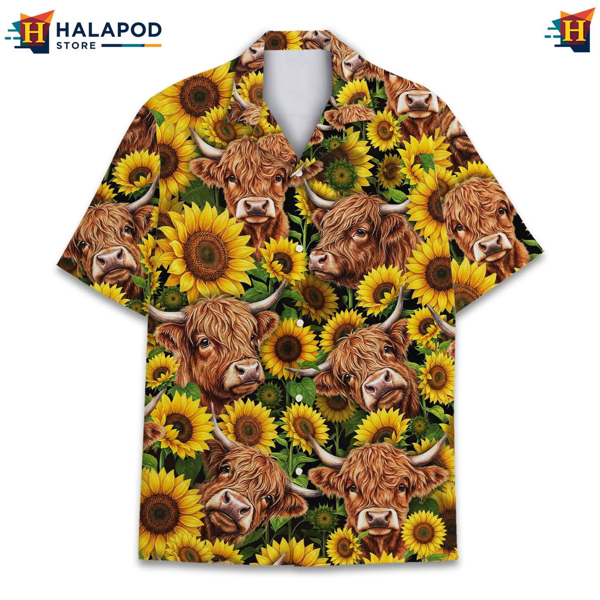 Cheerful Highland Cow Tropical Shirt, Vibrant Summer Button Down With Sunflowers