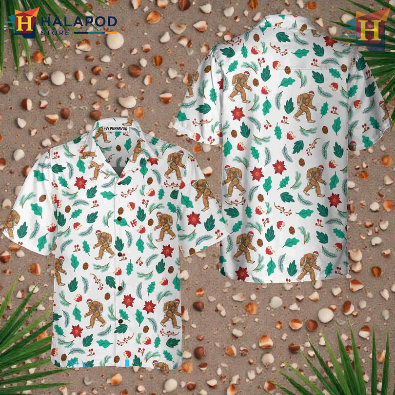 Christmas Bigfoot Pattern Hawaiian Shirt Outfit with Playful Holiday Sasquatch Art