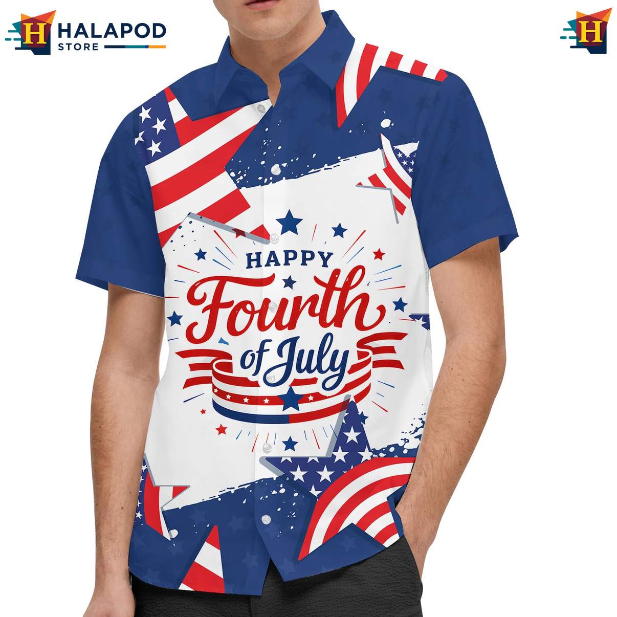Classic Patriotic Hawaiian Shirt, Navy Blue Red White Stars Stripes For 4th Of July