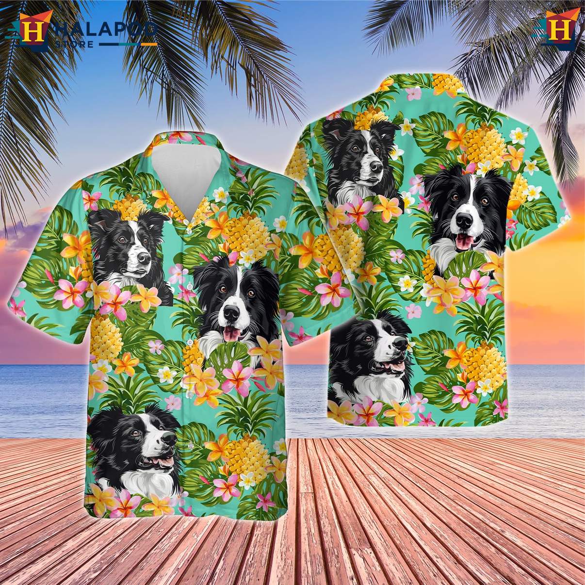 Collie Dog Aloha Shirt For Men Tropical Summer Casual Beach Button Down Top