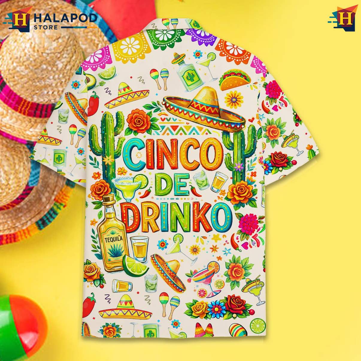 Colorful Cactus Tropical Shirt, Cinco De Drinko Festive Summer Shirt For Men