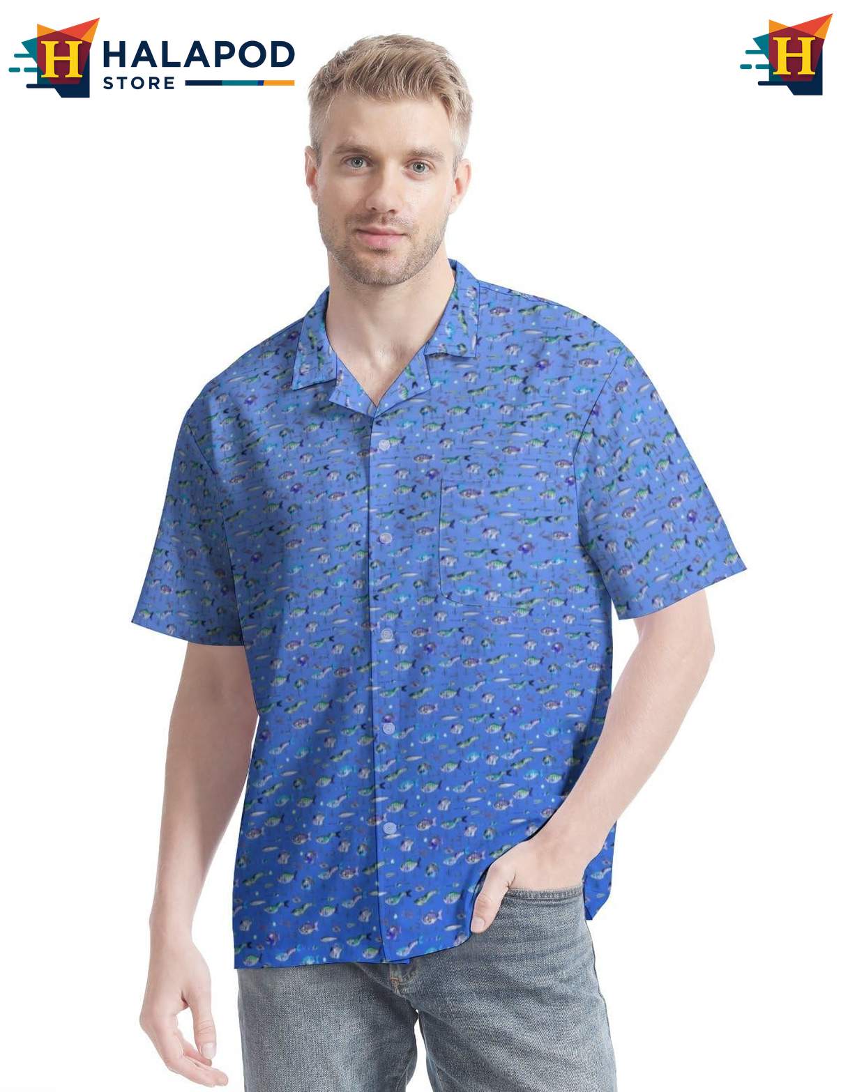 Colorful Fish Aloha Tee Shirt, Tropical Button Up Shirt For Fishing Enthusiasts