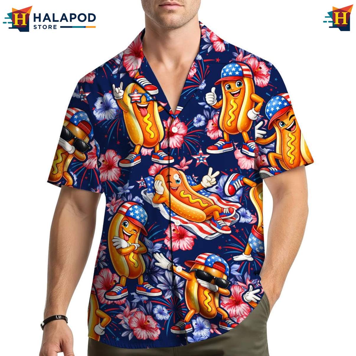 Colorful Hot Dog Hawaiian Shirt, Navy Summer Button Down With Playful Floral Design