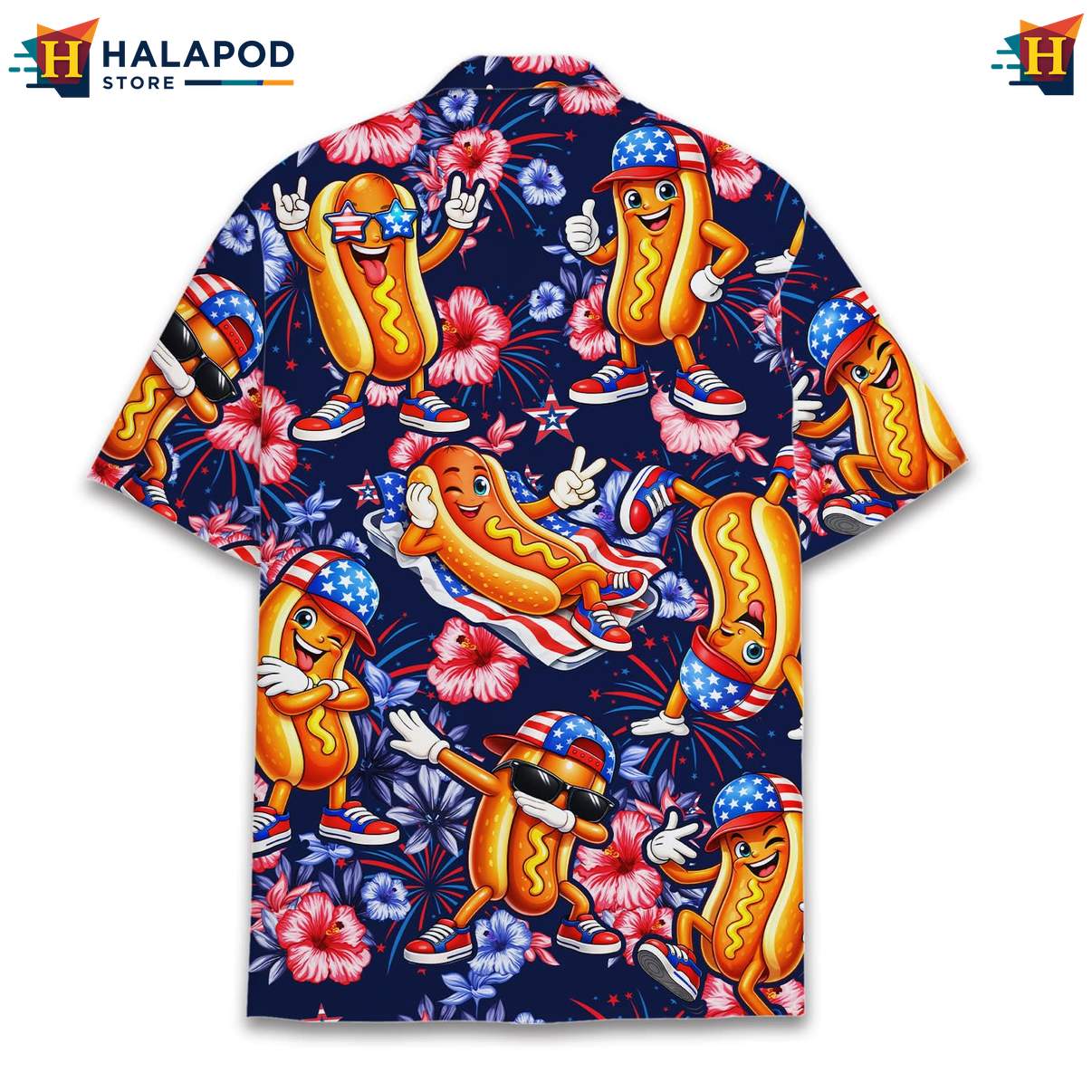 Colorful Hot Dog Aloha Shirt, Navy Summer Button Down With Playful Floral Design