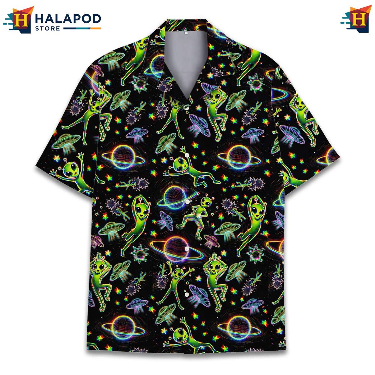 Cool Alien Short-sleeve button-up shirt, Black Summer Shirt With Vibrant Cartoon Aliens And Stars