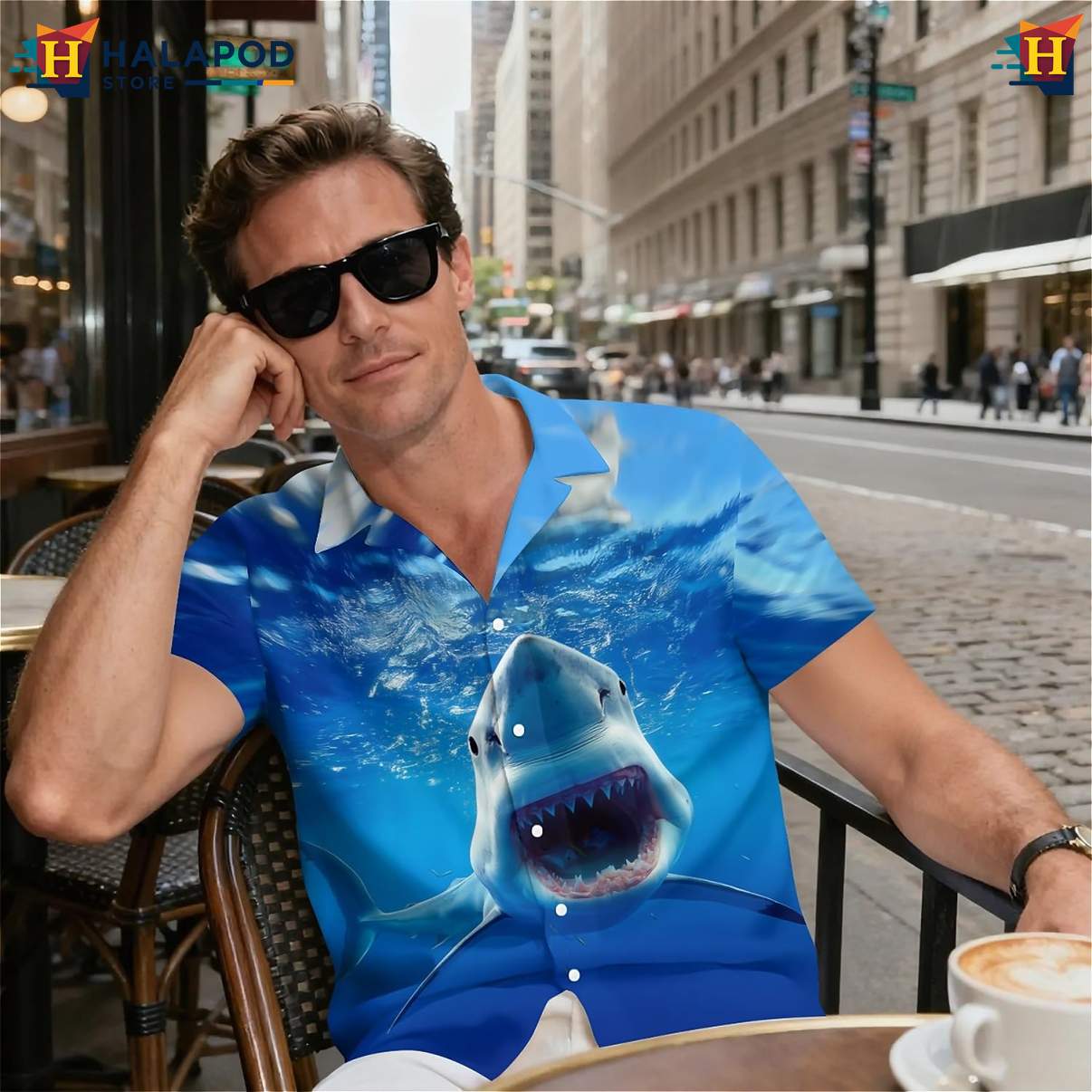 Cool Blue Shark Tropical Aloha Shirt Short Sleeve Floral Button Down