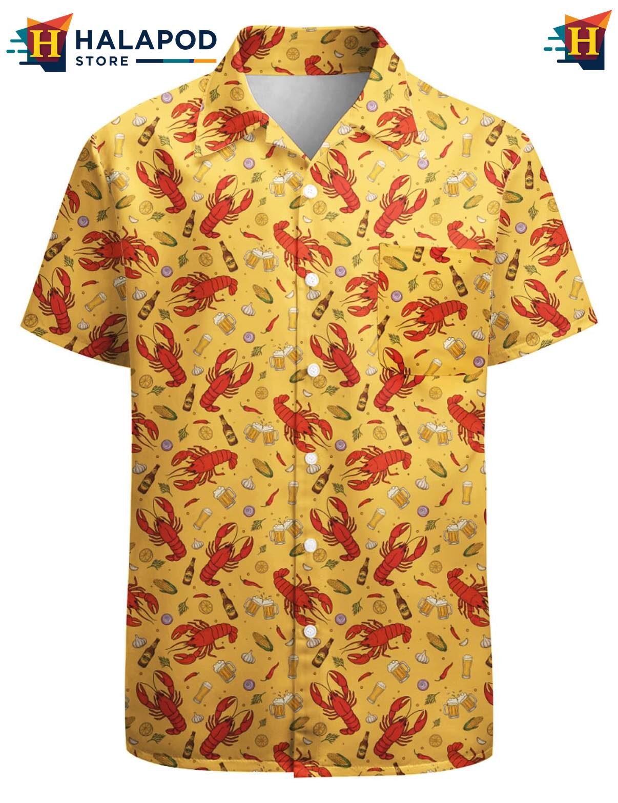 Cool Crawfish Hawaiian Shirt, Vibrant Yellow Design With Red Crawfish And Food Items