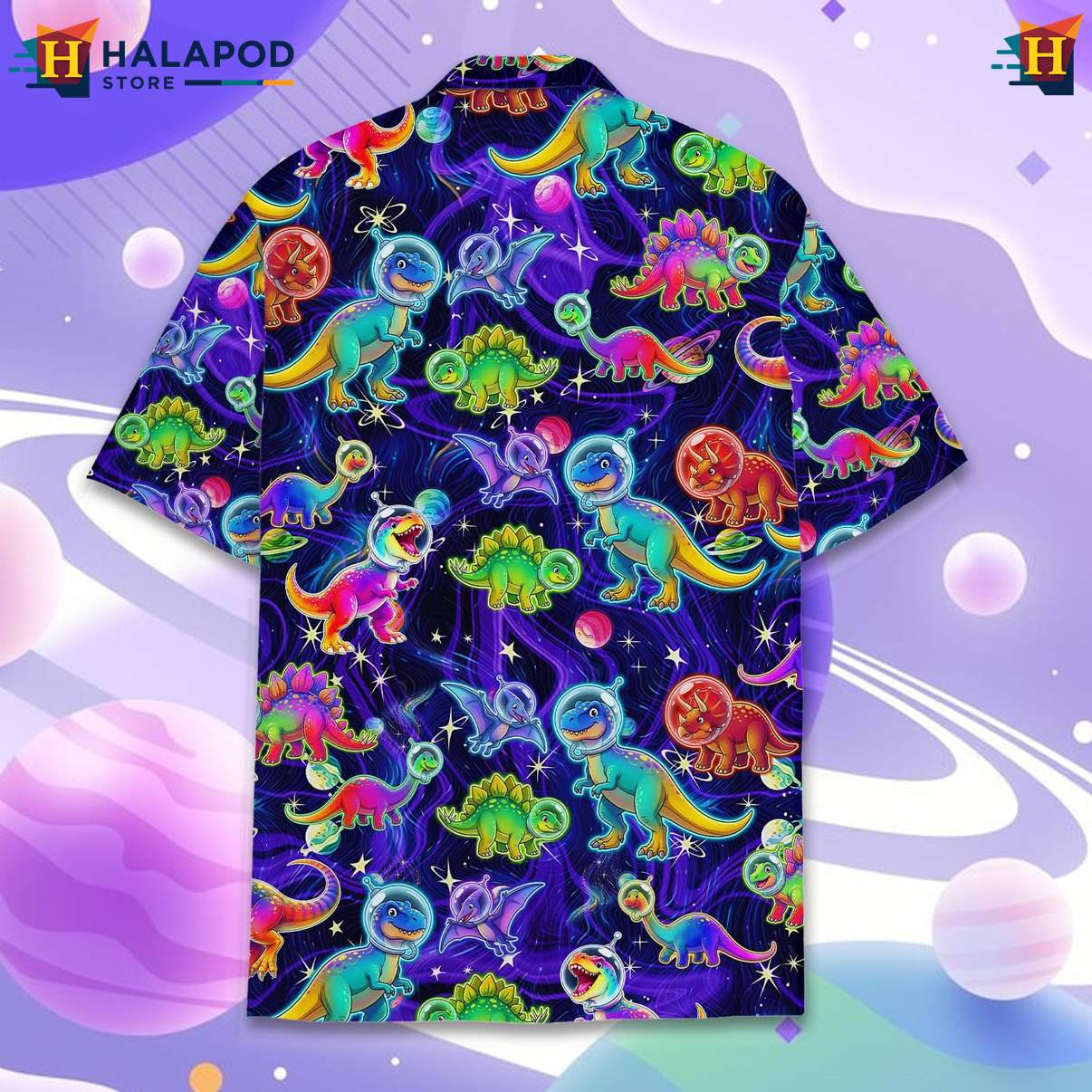 Cool Dinosaur Short-sleeve button-up shirt, Vibrant Cosmic Design For Summer Beach Fun