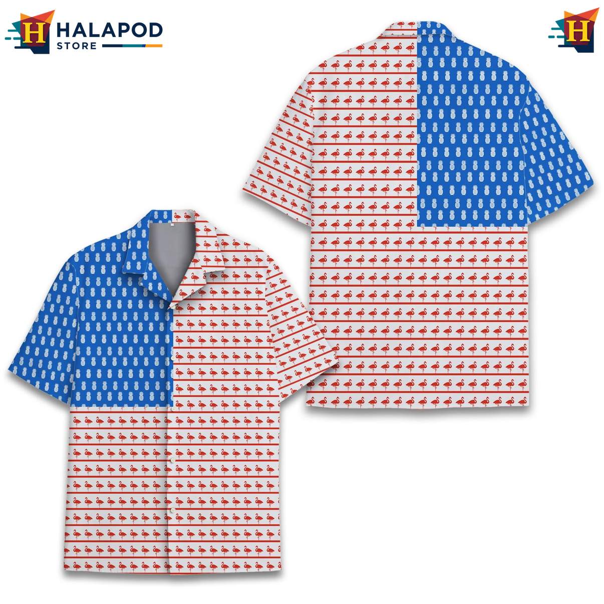 Cool Flamingo Short-sleeve button-up shirt, Patriotic Red White Blue Design For 4th Of July Celebrations