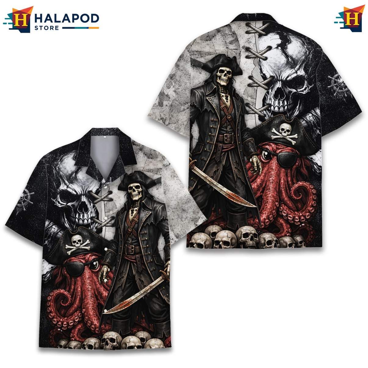 Cool Pirate Octopus Short-sleeve button-up shirt, Mens Summer Button Down With Playful Design