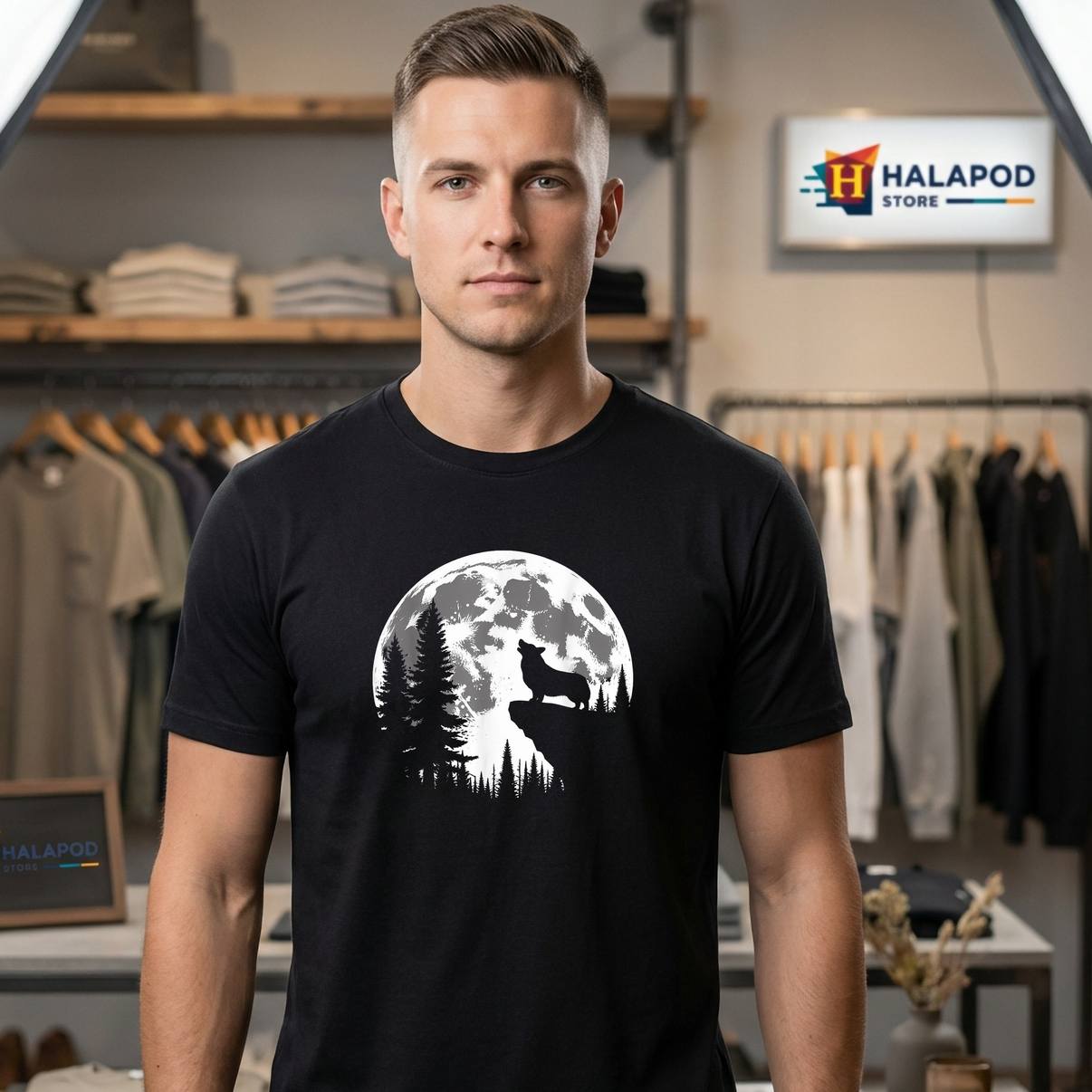 Corgi Dog Moon Howl Forest Tee Shirt Halloween Costume Graphic Apparel Mens