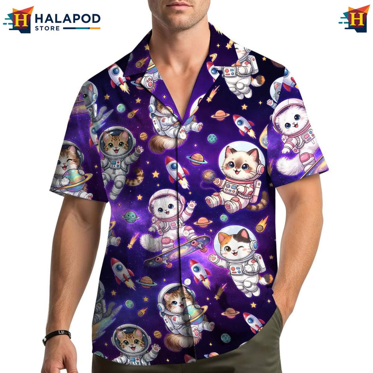Cosmic Cat Hawaiian Shirt, Purple Astronaut Cats Novelty Summer Button Down
