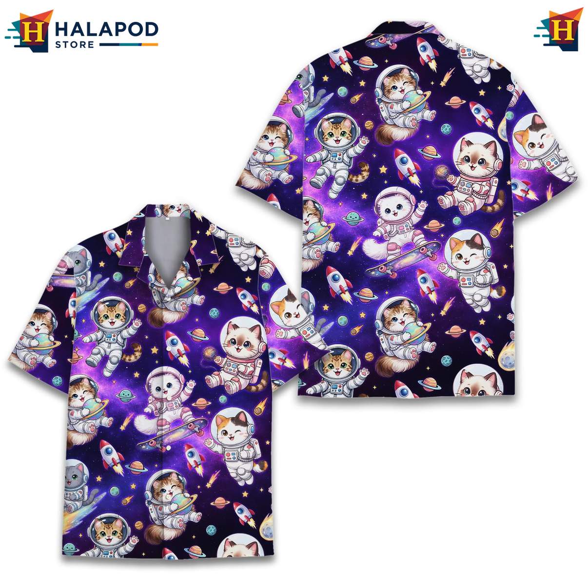 Cosmic Cat Short-sleeve button-up shirt, Purple Astronaut Cats Novelty Summer Button Down