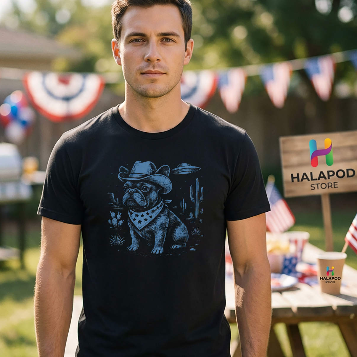 Cowboy UFO French Bulldog T-Shirt Funny Alien Western Dog Casual Graphic Mens