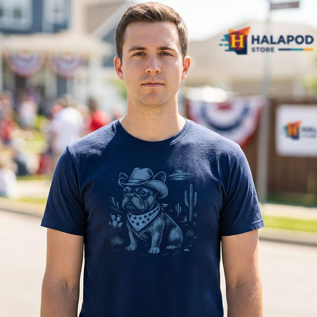Cowboy UFO French Bulldog Tee Funny Alien Western Dog Casual Graphic Mens