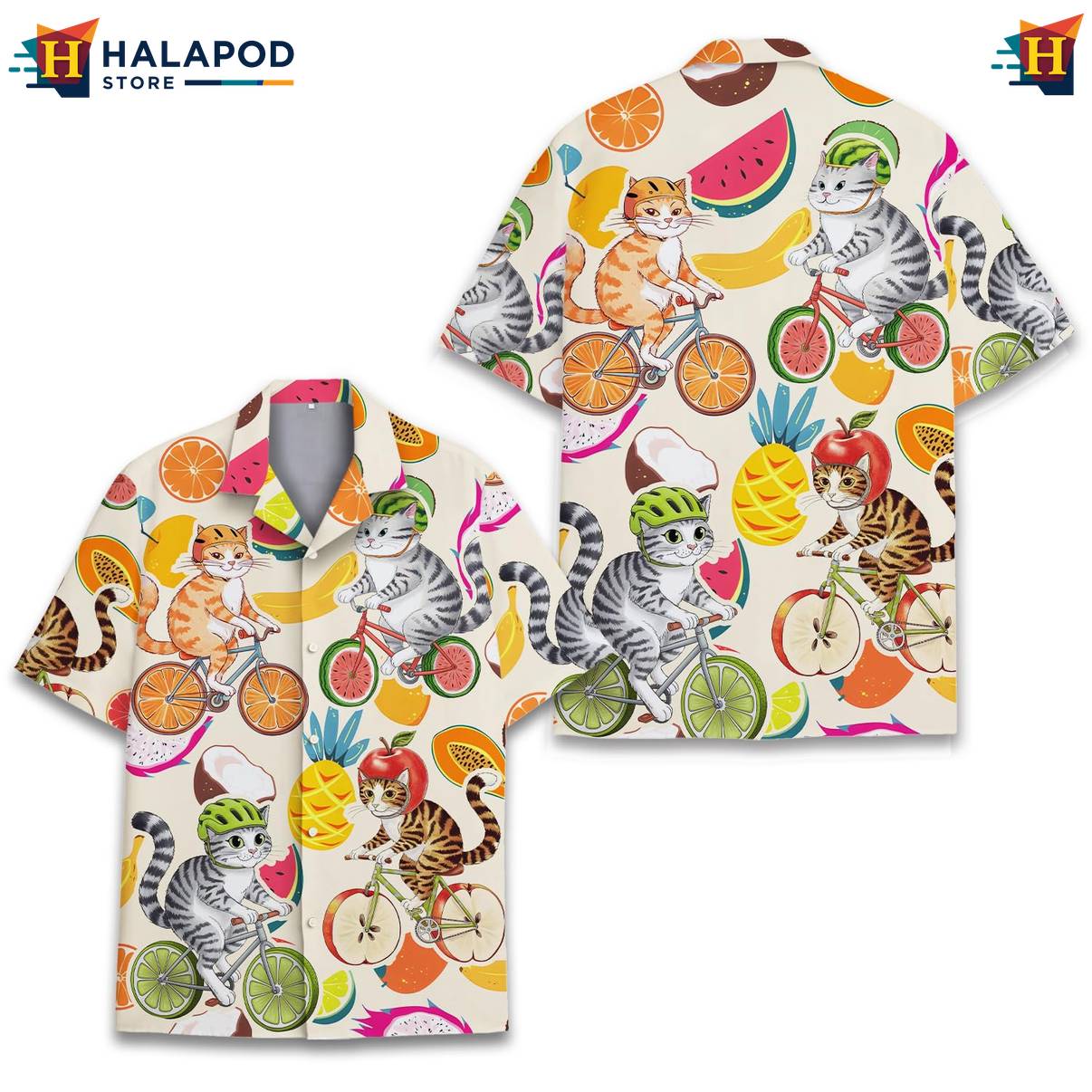 Cream Cat Bicycles Aloha Shirt Funny Alien UFO Short Sleeve Button Down