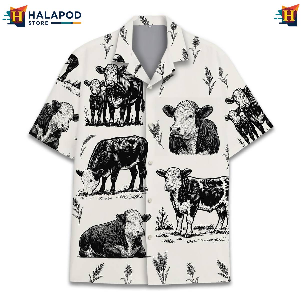 Cream Herford Cow Hawaiian Shirt Funny Alien UFO Short Sleeve Button Down