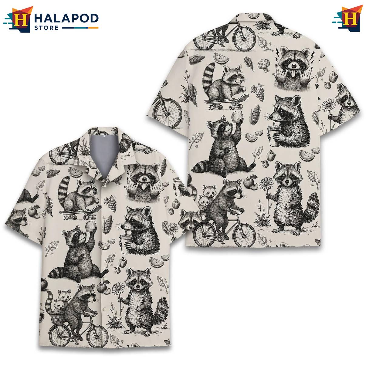 Cream Raccoon Funny Aloha Shirt Alien UFO Short Sleeve Button Down Mens