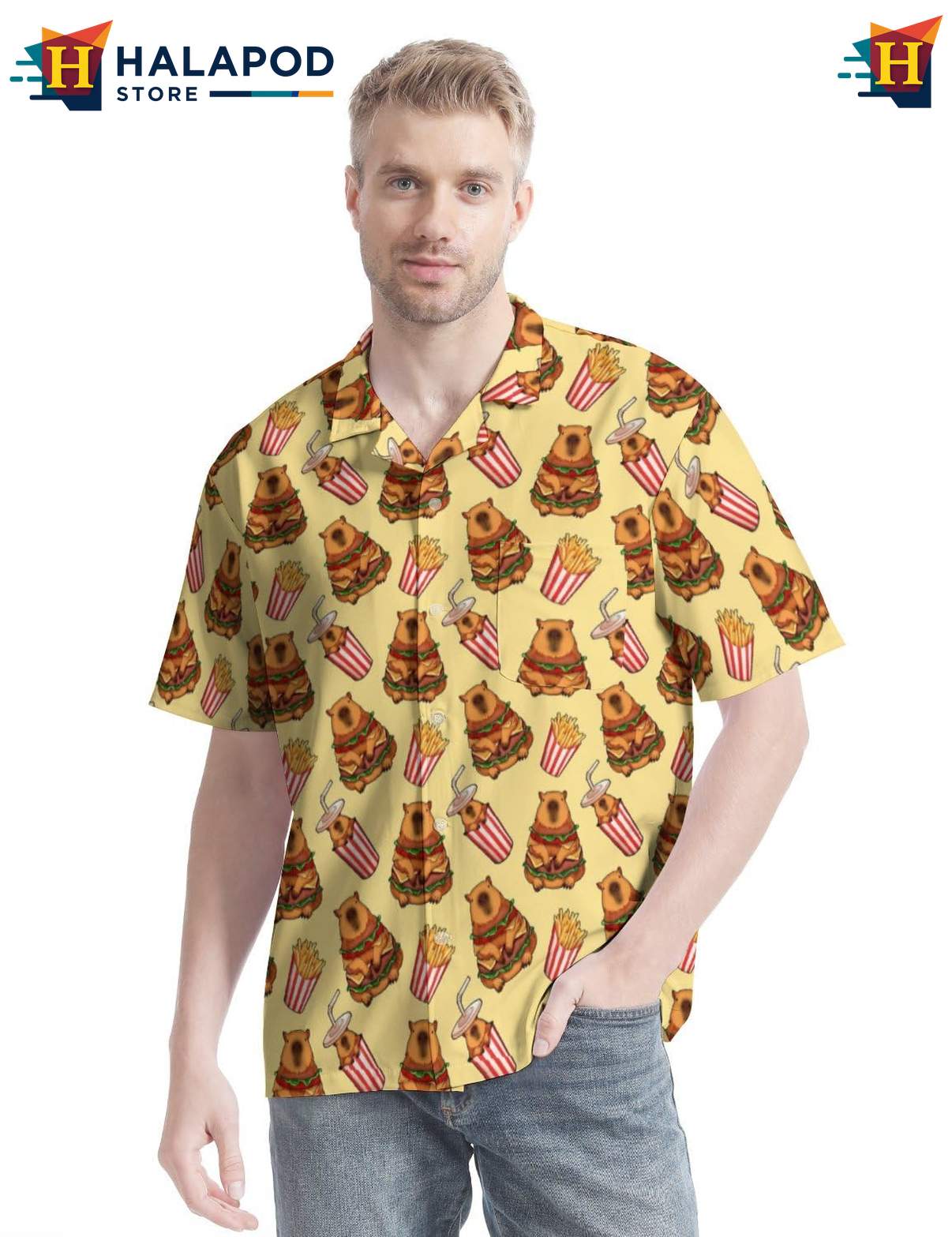 Cute Capybara Short-sleeve button-up shirt, Playful Button Up With Food Graphics And Vibrant Colors