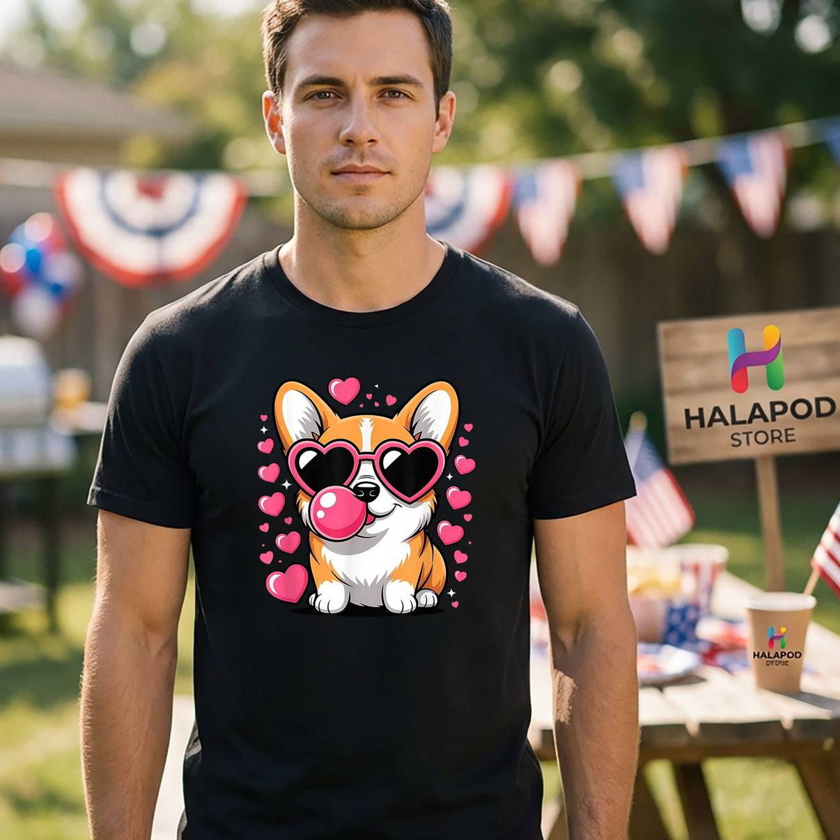 Cute Corgi Dog Heart Sunglasses T-Shirt Valentines Day Puppy Love Graphic