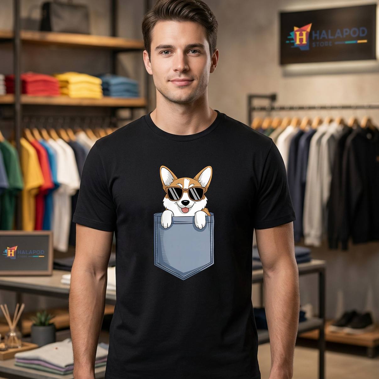 Cute Corgi Dog In The Pocket T-Shirt Lovers Funny Meme Graphic Apparel Men