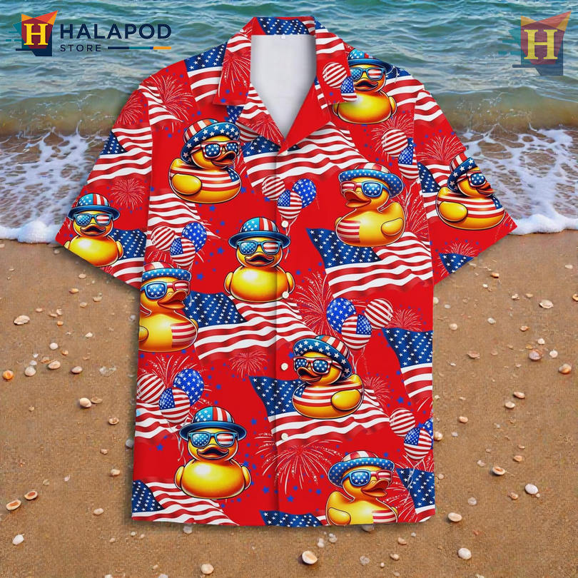 Cute Duck 4th of July Vintage Aloha Shirts with Cheerful Patriotic Celebration Art