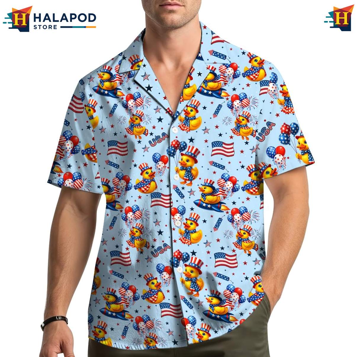Cute Duck Aloha Shirt, Patriotic Design For Men, 4th Of July Button Down Short Sleeve Shirt