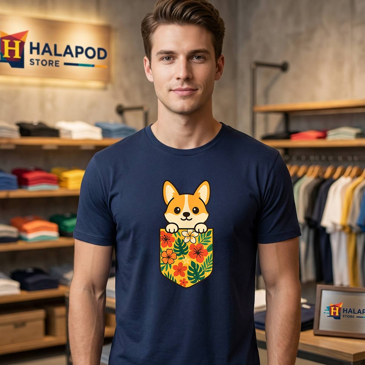 Cute Hawaiian Pocket Corgi Tee Shirt Funny Tropical Vacation Pet Graphic Men