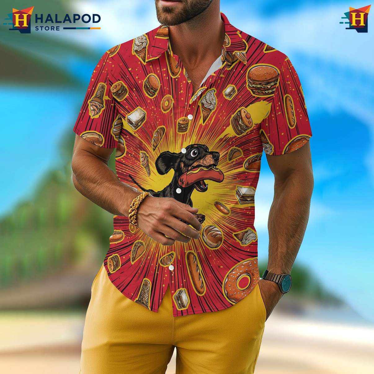 Dachshund Dog Mens Funny Aloha Shirt Retro Graphic Aloha Summer Tops