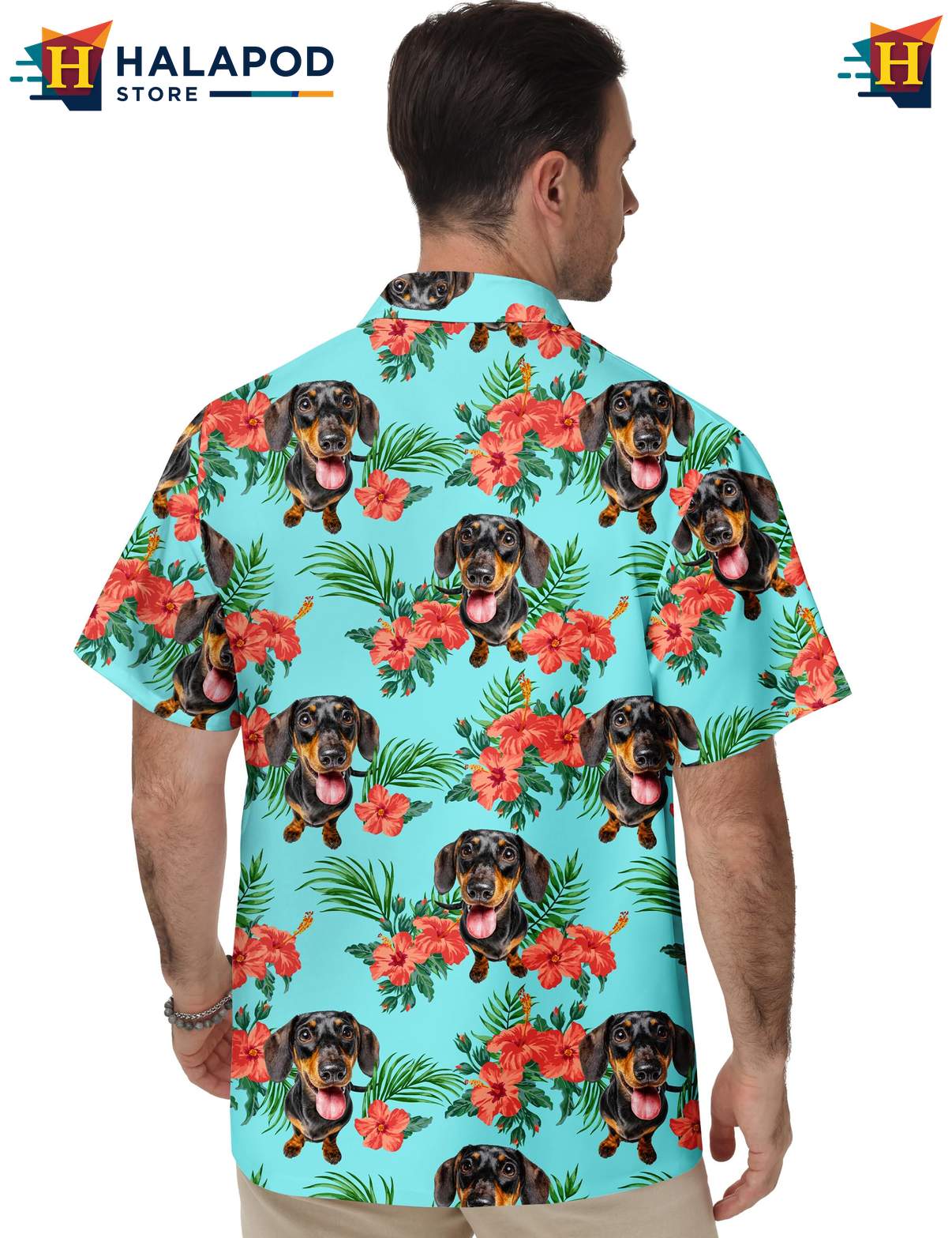 Dachshund Hibiscus Tropical Short-sleeve button-up shirt Funny Short Sleeve Beachwear