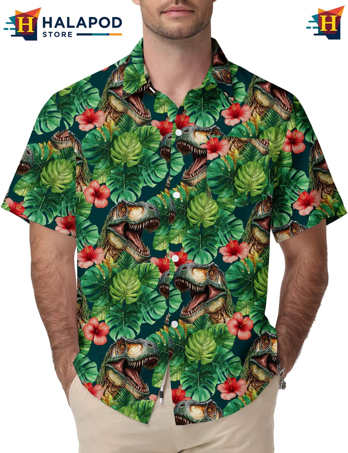 Dinosaur Tropical Hawaiian Shirt Casual Funny Short Sleeve Summer Apparel