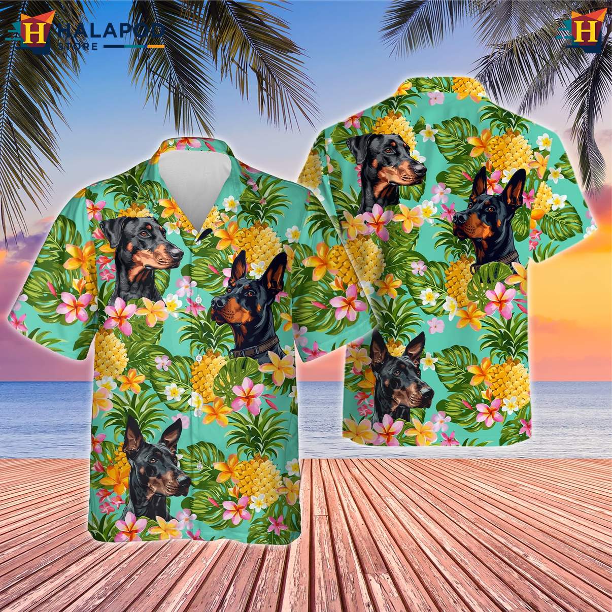 Doberman Dog Aloha Shirt Mens Tropical Summer Casual Button Down Clothing