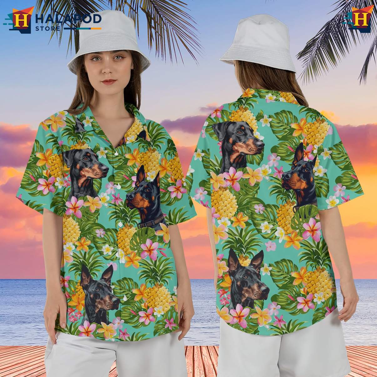 Doberman Dog Tropical Shirt Mens Tropical Summer Casual Button Down Clothing