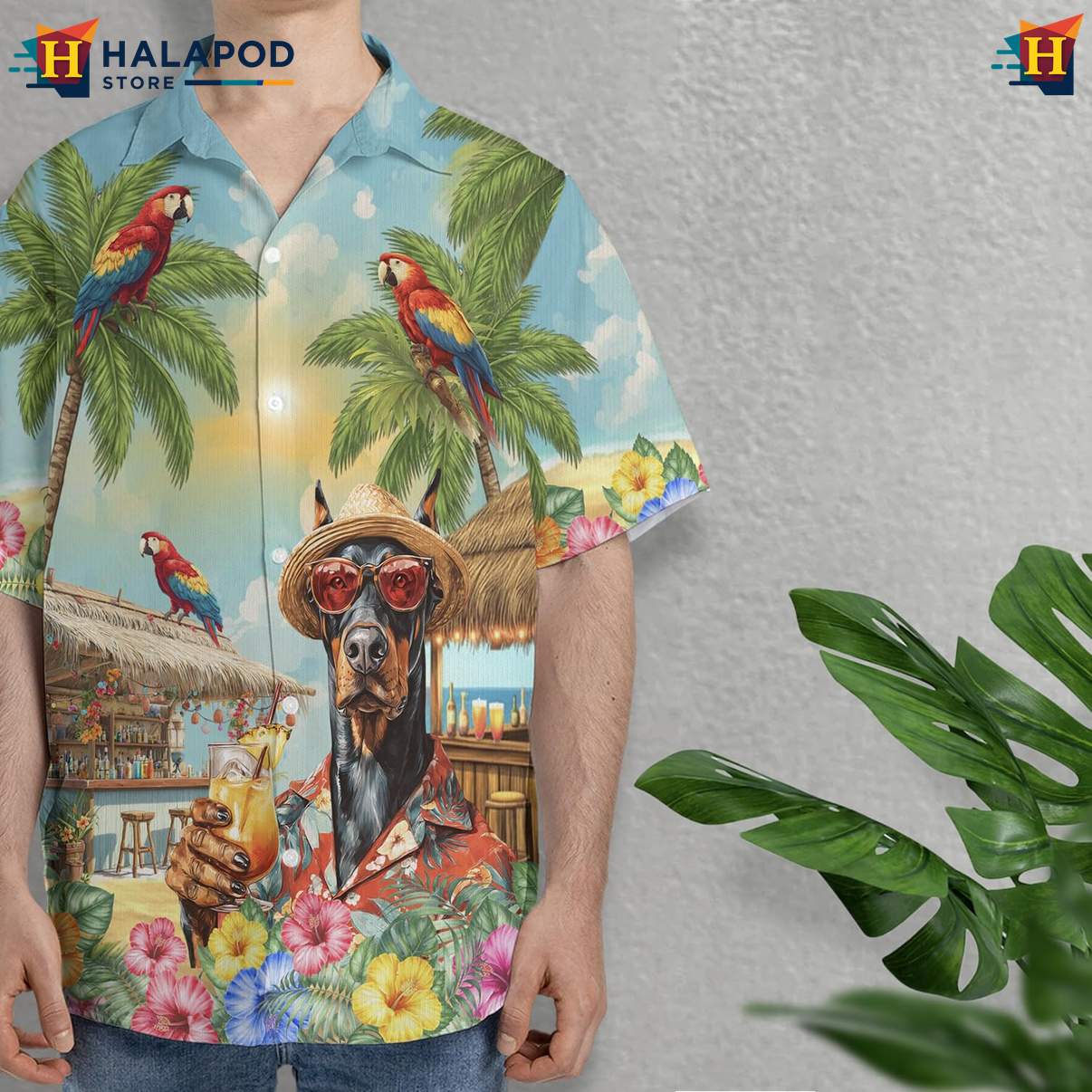 Doberman Pinscher Aloha Shirt Funny Dog Pattern Mens Summer Beach Apparel