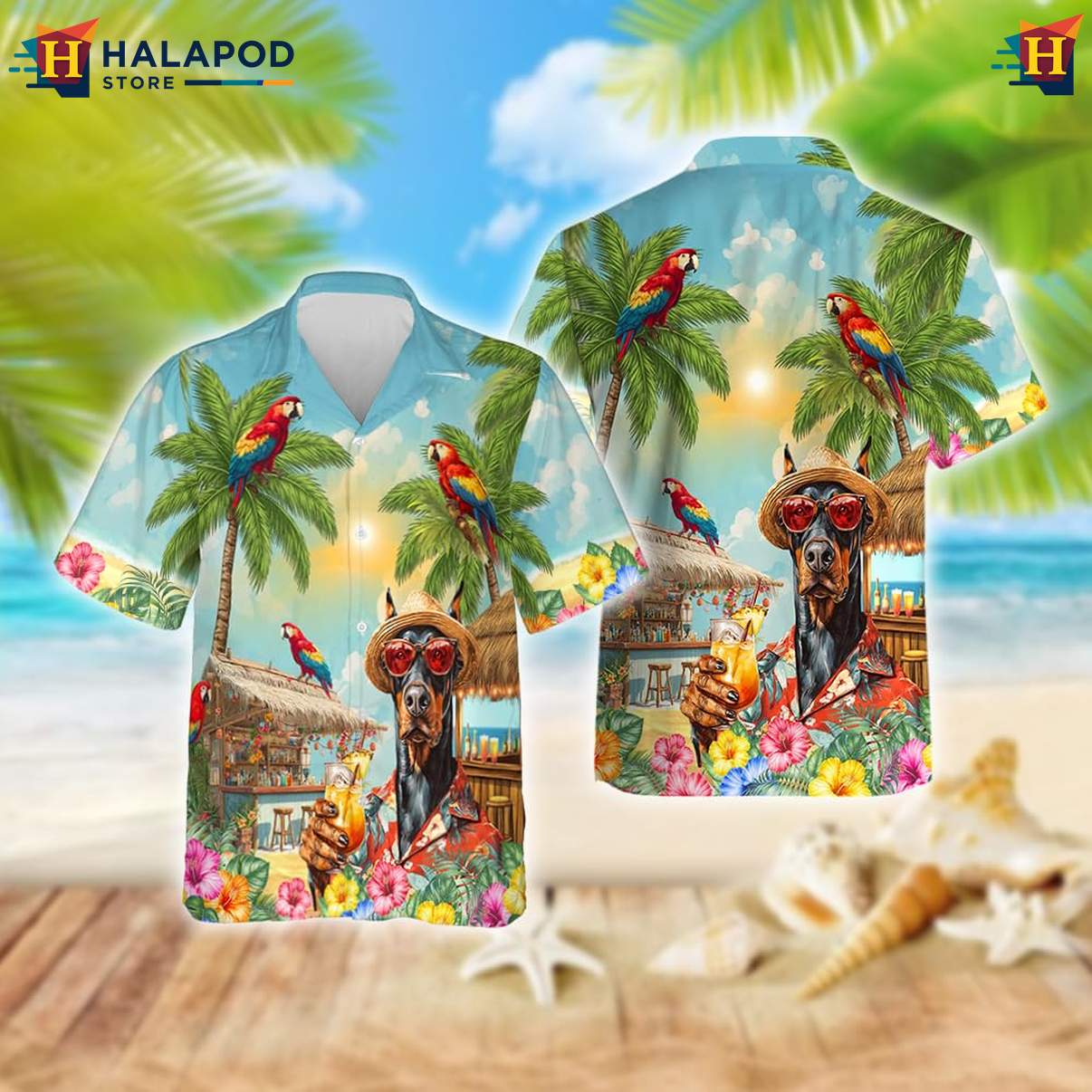 Doberman Pinscher Tropical Shirt Funny Dog Pattern Mens Summer Beach Apparel