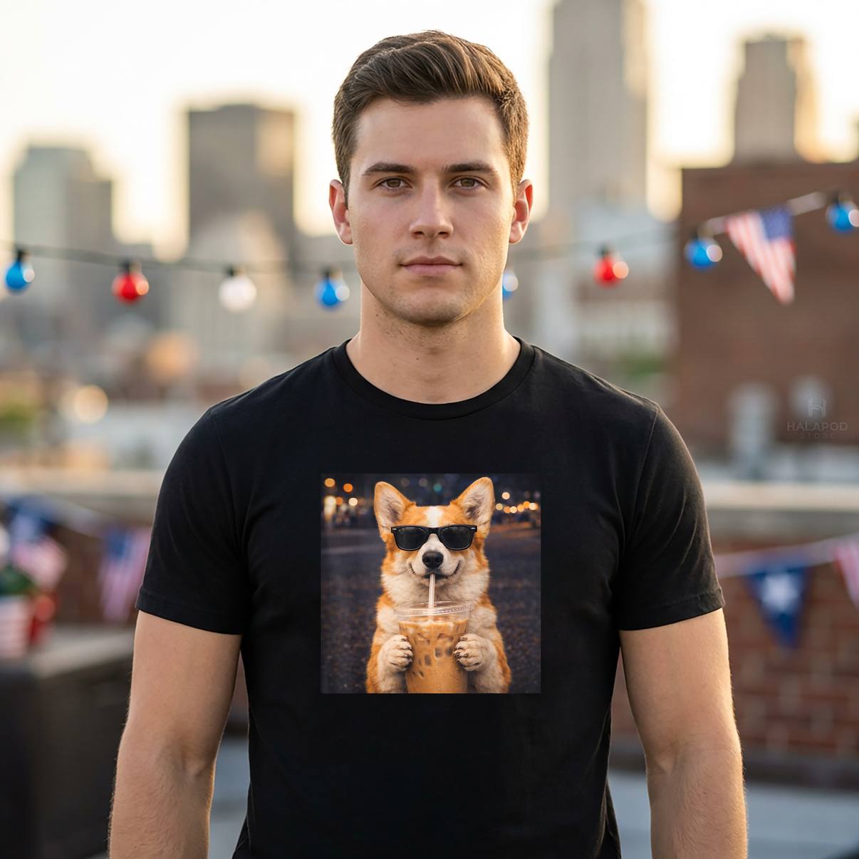 Dog Golden Corgi Iced Coffee Shirt Drinking Funny Animal Meme Graphic Men