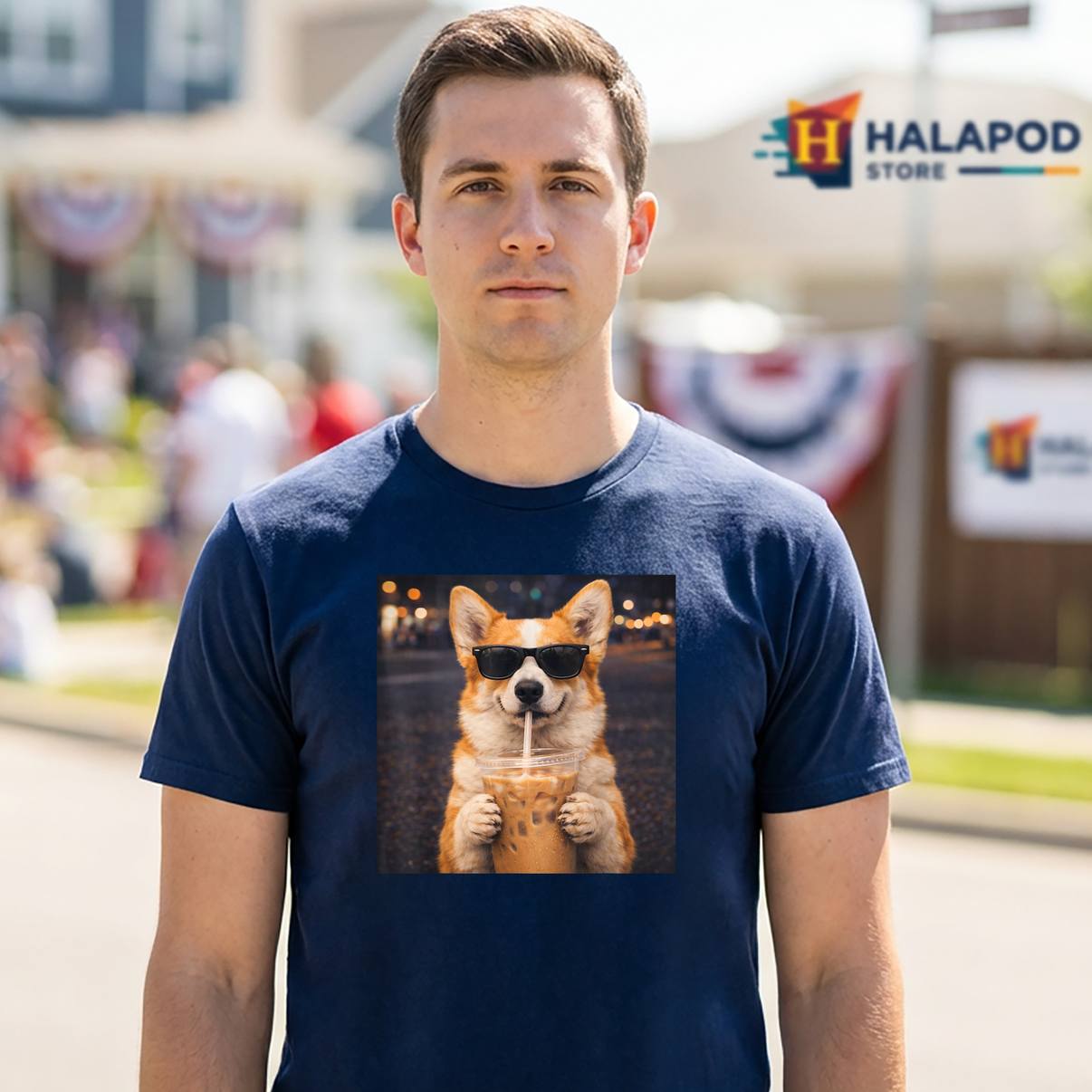 Dog Golden Corgi Iced Coffee Tee Shirt Drinking Funny Animal Meme Graphic Men